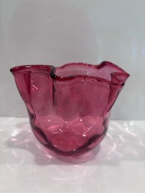 Handblown Cranberry Pink Ruffled Glass Bowl vintage optic glass vase votive